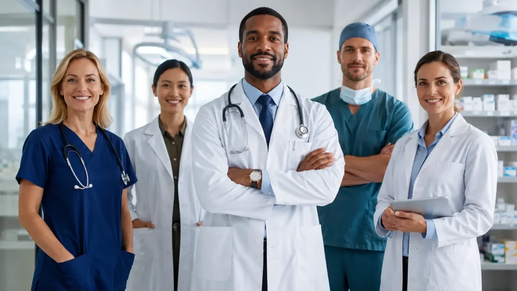 Healthcare professionals representing high-paying medical careers in a modern clinic