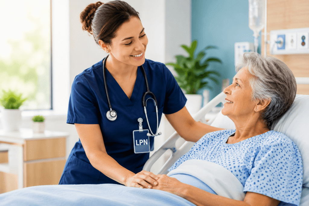 Licensed practical nurse providing compassionate bedside care to an elderly patient