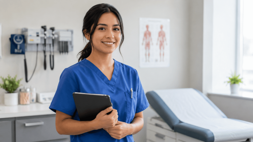 Medical assistant holding a tablet in a modern clinic exam room