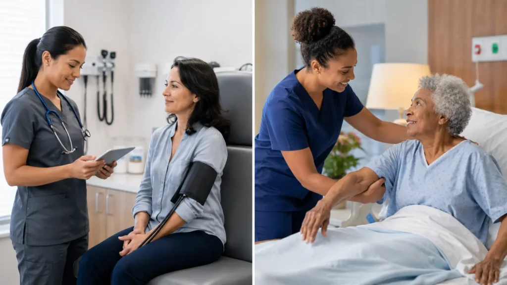 Medical assistant checking a patient’s vital signs in a clinic beside a CNA helping an elderly patient with bedside care.
