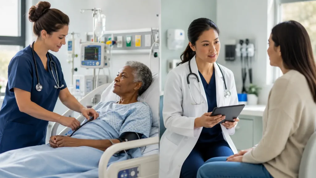 Registered nurse providing bedside patient care while a nurse practitioner consults with a patient, showing the key differences between RN and NP roles.