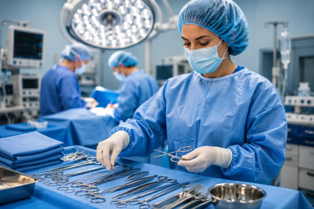 Surgical technologist preparing sterile instruments in an operating room